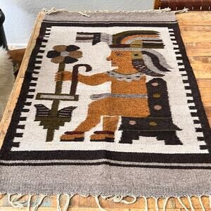 Vintage Handmade Tapestry or Throw Rug 25 x 38" Mexican Mayan or Aztec Totem